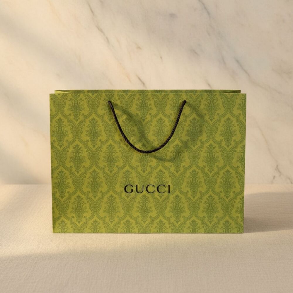 Gucci Medium Green Printed Paper Shopping Gift Bag 17x12.25x5 Luxury Tote